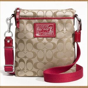 COACH Poppy Signature Swing Pack Crossbody Sateen Patent Khaki Cherry Red Silver